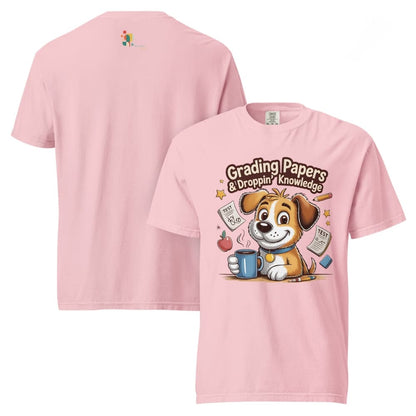 Pink t-shirt with a cartoon dog holding a mug and text 'Grading Papers & Droppin' Knowledge' on a white background.