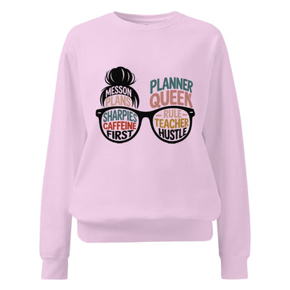 Pink sweatshirt with text and graphic design on a white background
