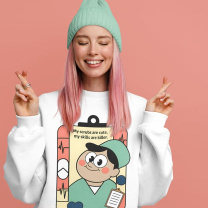 Person wearing a white sweatshirt with a cartoon character design on a pink background
