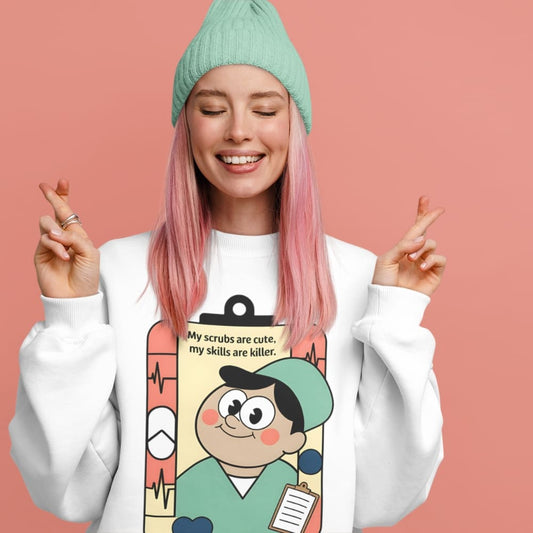 Person wearing a white sweatshirt with a cartoon character design on a pink background