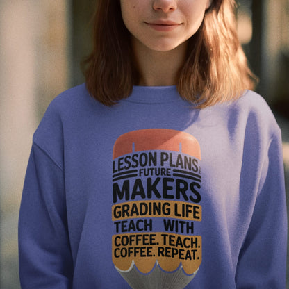 Person wearing a blue sweatshirt with a printed design and text.