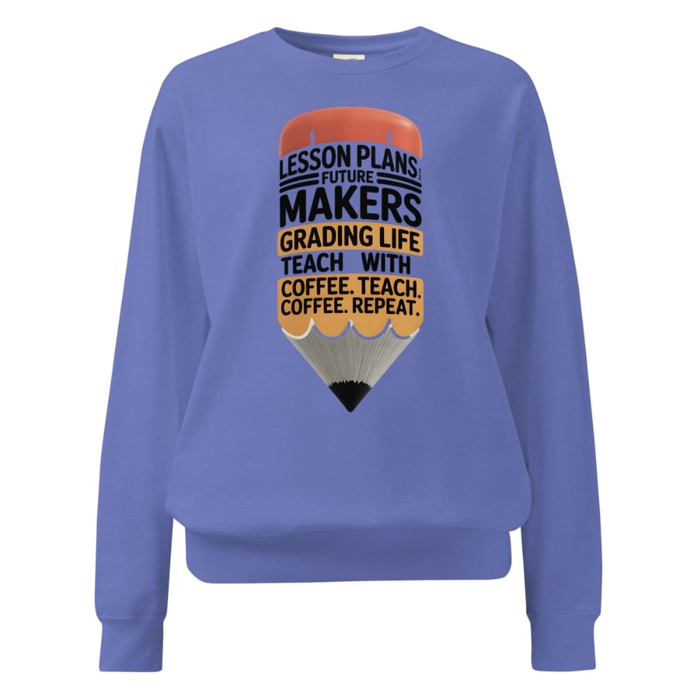 Blue sweatshirt with a pencil graphic and text on a white background