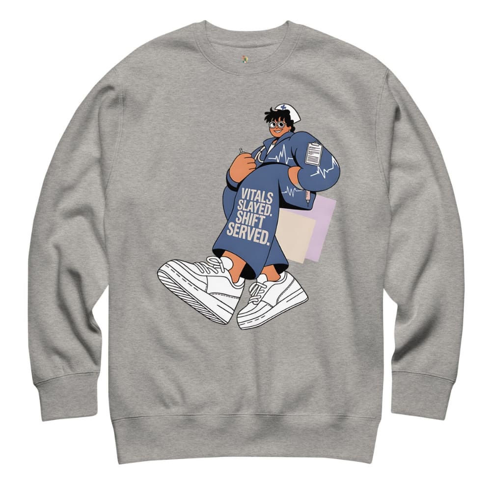 Gray sweatshirt with a graphic of a person sitting and text on a white background