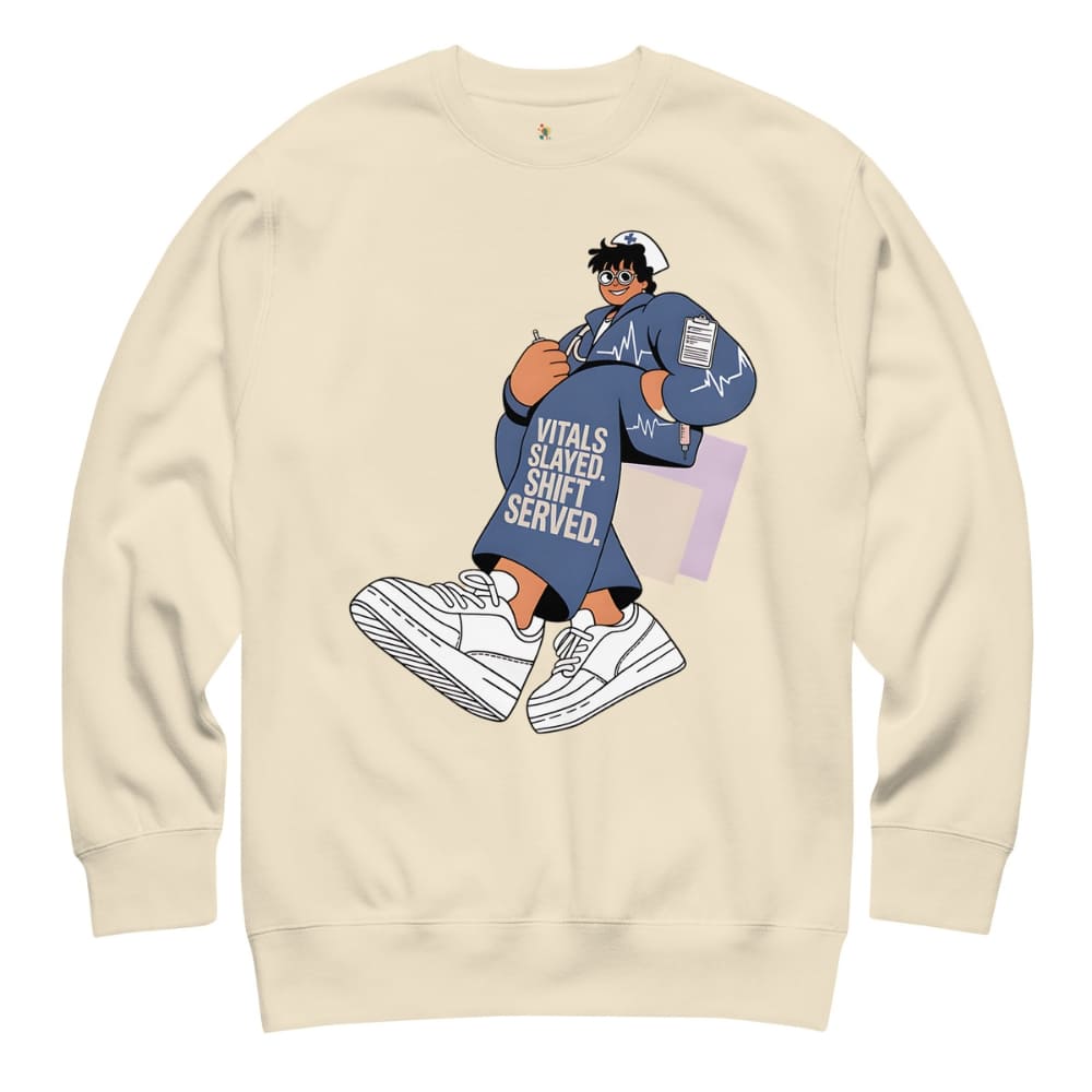 Beige sweatshirt with graphic of a person in a blue outfit and sneakers on a white background