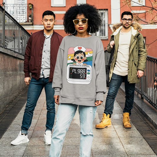 Three people standing on a street with one person wearing a gray sweatshirt with a colorful graphic design.