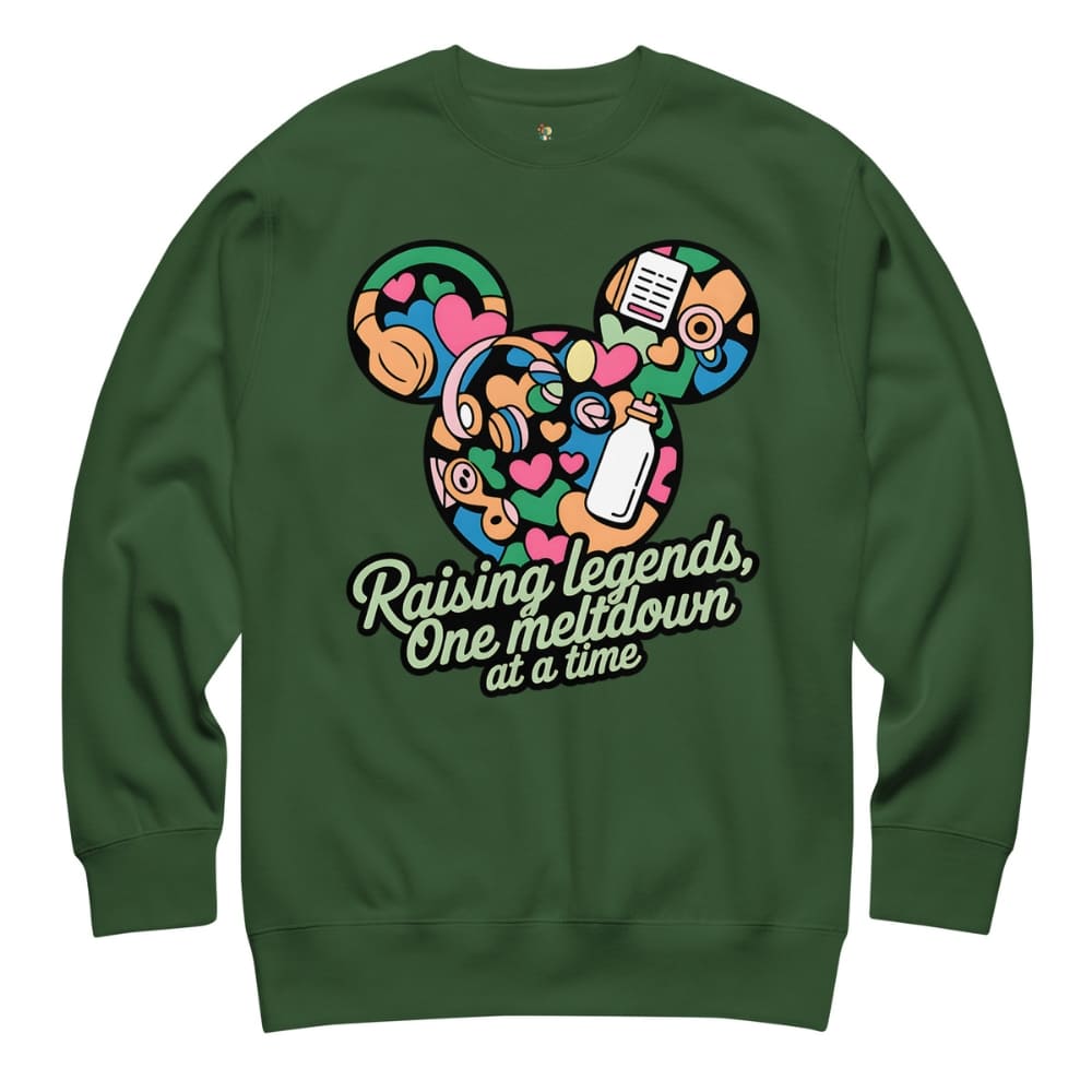Green sweatshirt with colorful graphic and text on a white background