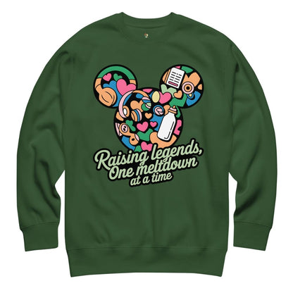 Green sweatshirt with colorful graphic and text on a white background