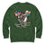 Green sweatshirt with colorful graphic and text on a white background