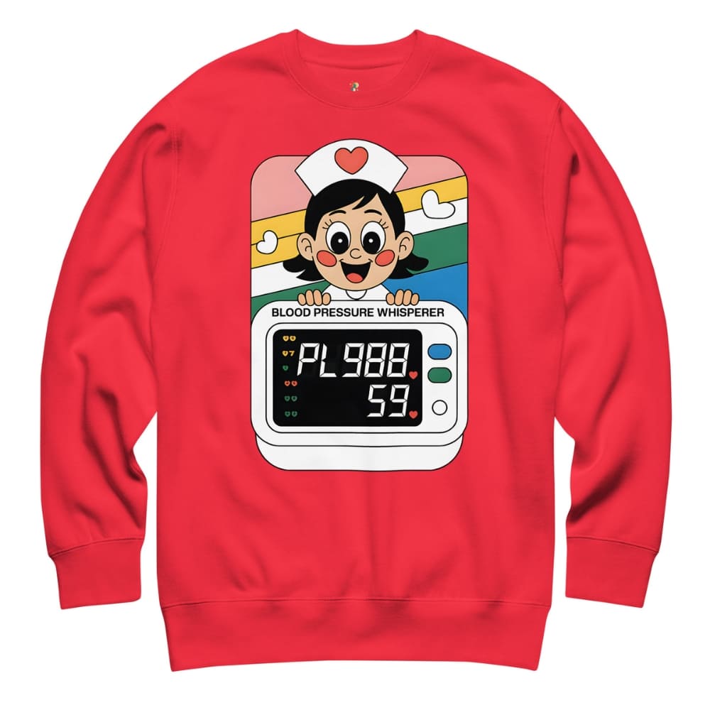 Red sweatshirt with a cartoon blood pressure monitor design on a white background