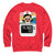 Red sweatshirt with a cartoon blood pressure monitor design on a white background