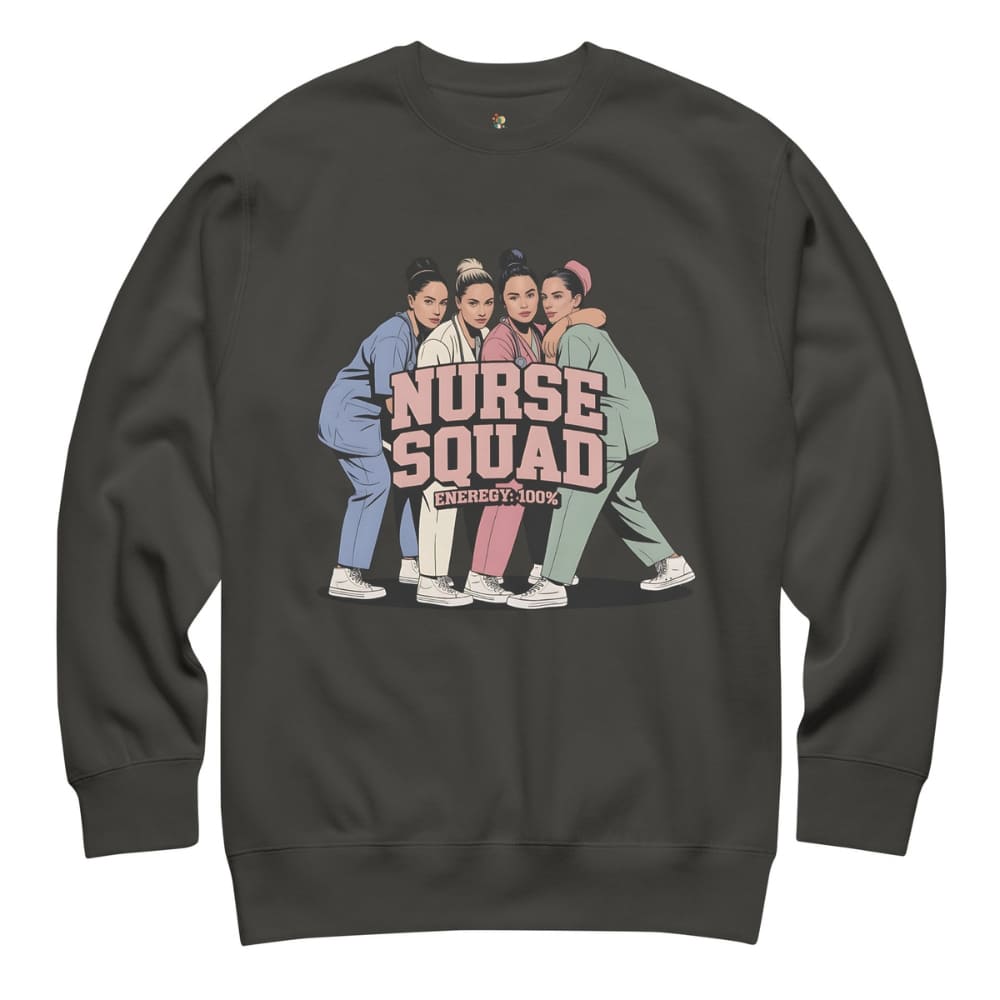 Black sweatshirt with 'Nurse Squad' graphic on a white background