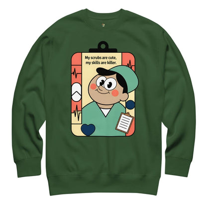 Green sweatshirt with a cartoon character and text on a white background