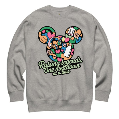 Gray sweatshirt with colorful graphic and text on a white background