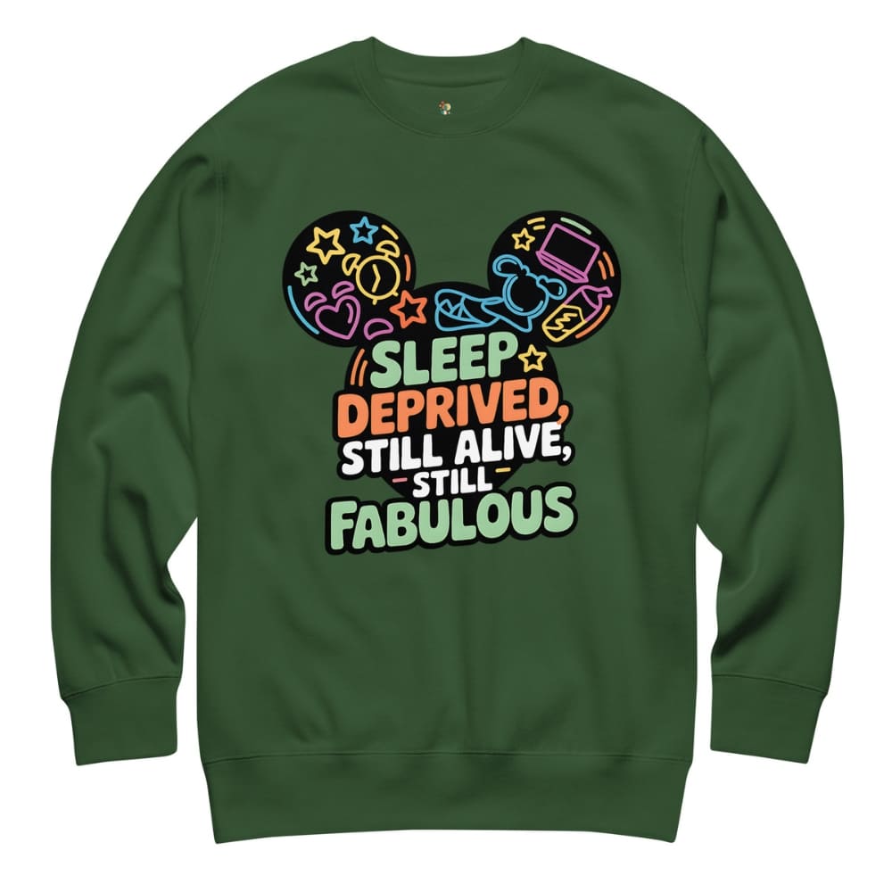 Green sweatshirt with colorful design and text on a white background