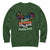 Green sweatshirt with colorful design and text on a white background