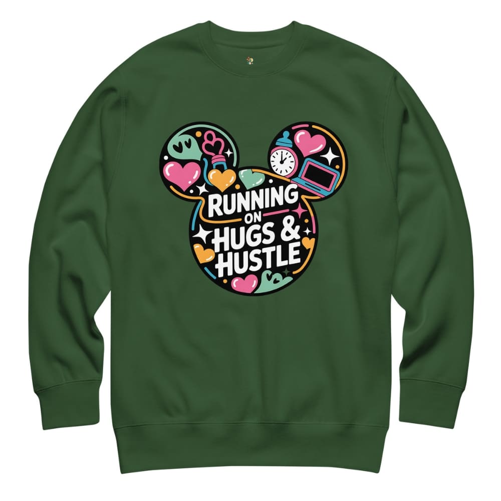 Green sweatshirt with colorful graphic and text 'Running on Hugs & Hustle' on a white background
