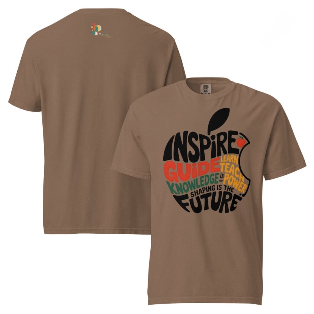 Brown t-shirt with an apple design and text on a white background