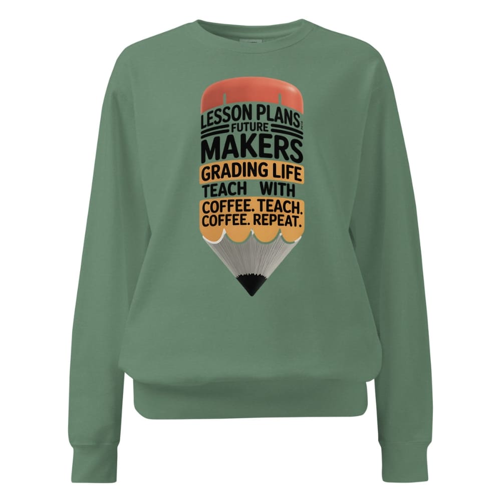 Green sweatshirt with a pencil graphic and text on a white background