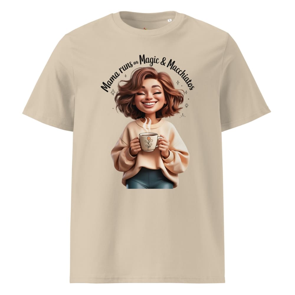 Beige t-shirt with a graphic of a woman holding a mug and text 'Mama runs on Magic & Matcha', on a white background.