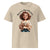Beige t-shirt with a graphic of a woman holding a mug and text 'Mama runs on Magic & Matcha', on a white background.