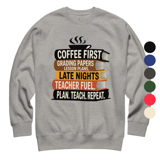 Gray sweatshirt with teacher-themed text and graphics on a white background