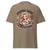 Brown t-shirt with a graphic of a woman holding a coffee cup and text 'Mommin' Hard, Caffeinating Harder' on a white background.