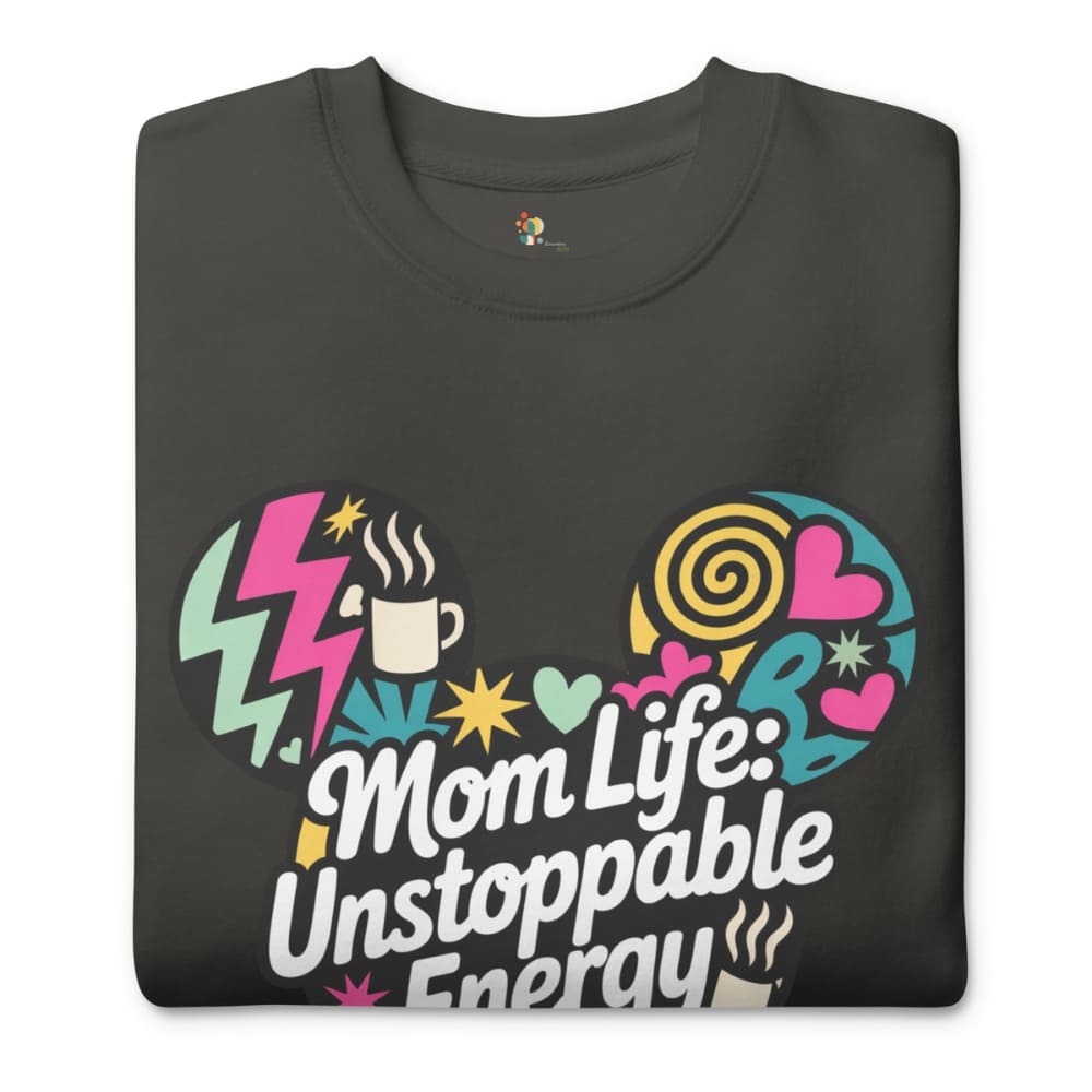 Black t-shirt with colorful graphic and 'Mom Life: Unstoppable Energy' text on a white background