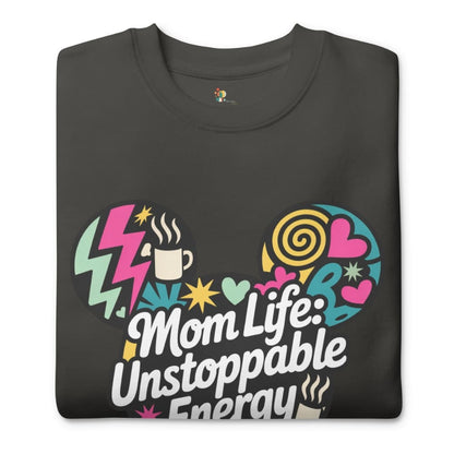 Black t-shirt with colorful graphic and 'Mom Life: Unstoppable Energy' text on a white background