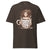 Brown t-shirt with a graphic of a person in a coffee cup and text 'Don't ask me anything before a cup of 2'.