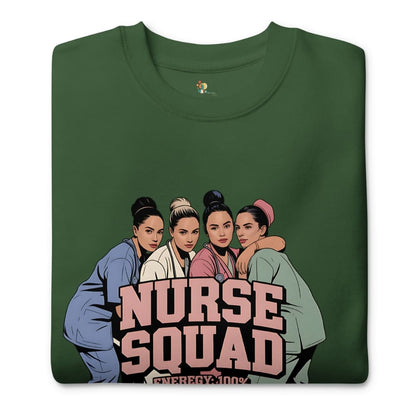 Green t-shirt with 'Nurse Squad' graphic on a white background