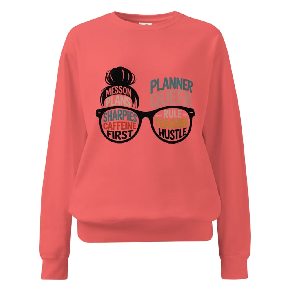 Coral sweatshirt with graphic design and text on a white background