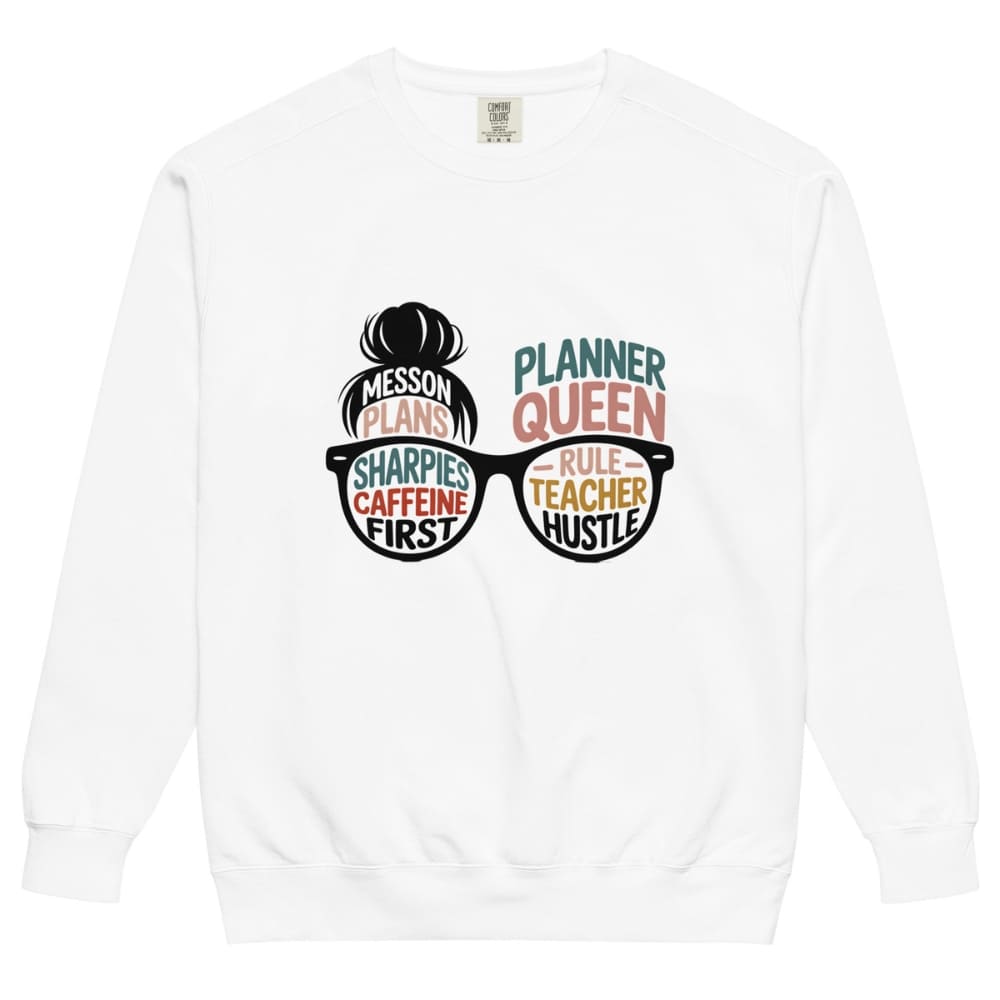 White sweatshirt with graphic design of sunglasses and text on a white background