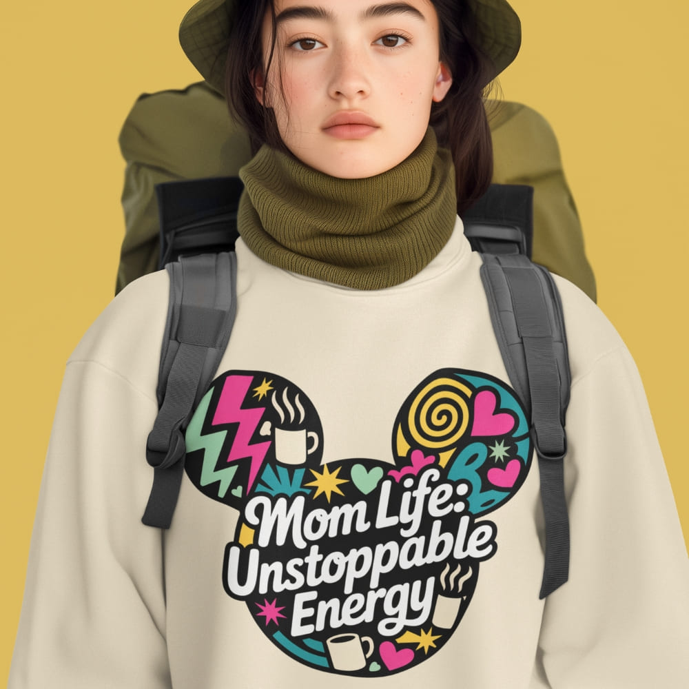 Person wearing a beige sweatshirt with colorful graphic and text, standing against a yellow background.