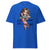Blue t-shirt with a cartoon character and text on a white background