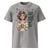 Gray t-shirt with an illustration of a woman holding a mug and text on a white background