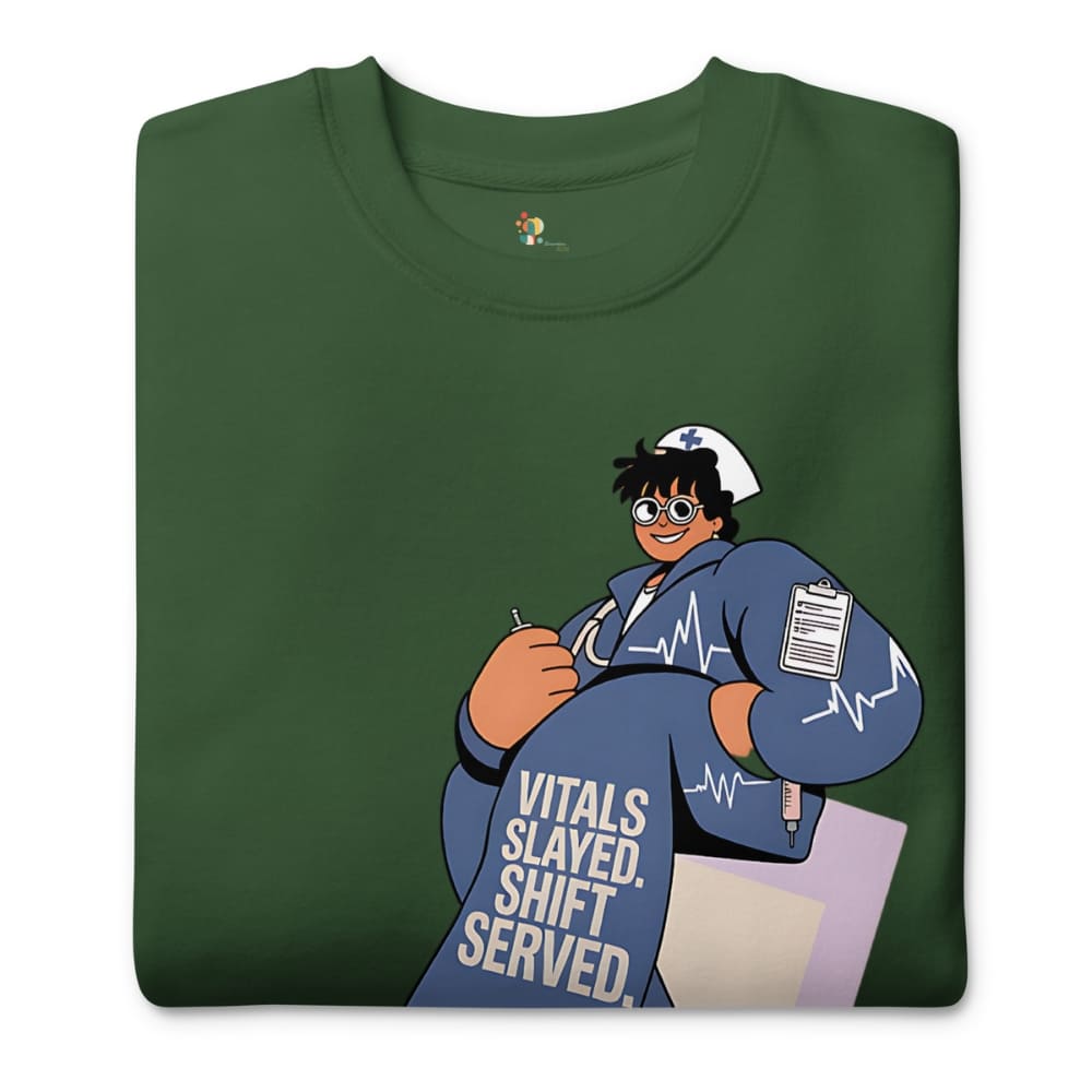 Green t-shirt with a cartoon character and text 'Vitals Slaved, Shift Served' on a white background