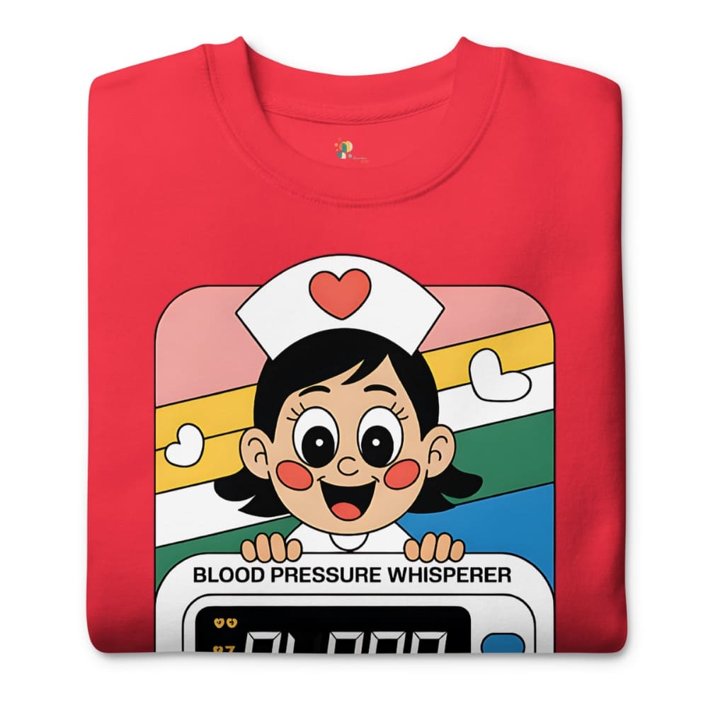 Red t-shirt with a cartoon character and text on a white background