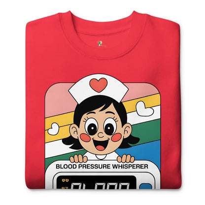 Red t-shirt with a cartoon character and text on a white background