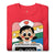 Red t-shirt with a cartoon character and text on a white background