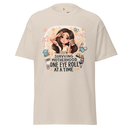 Natural t-shirt with cartoon character and humorous text on a white background