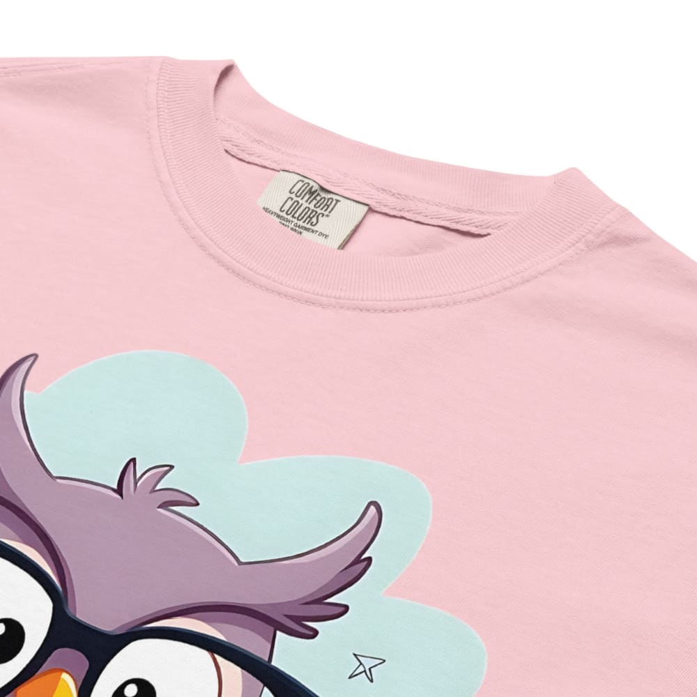 Cute purple owl with glasses sitting on stacked books, with quote "Teach. Inspire. Repeat." – printed on a teacher t-shirt