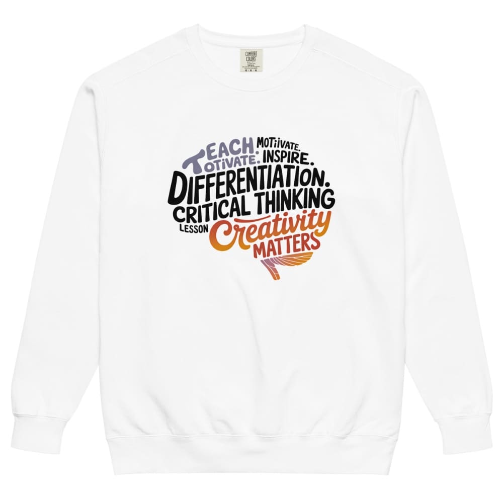 White sweatshirt with motivational text design on a white background