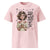 Pink t-shirt with a graphic of a woman holding a mug and text on a white background