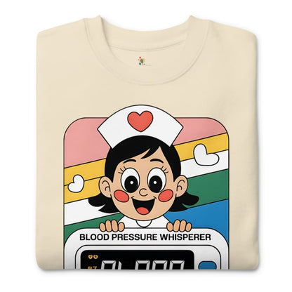 Beige t-shirt with cartoon character and 'Blood Pressure Whisperer' text on a white background