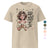 Beige t-shirt with a graphic of a woman holding a mug and text, with color options displayed.