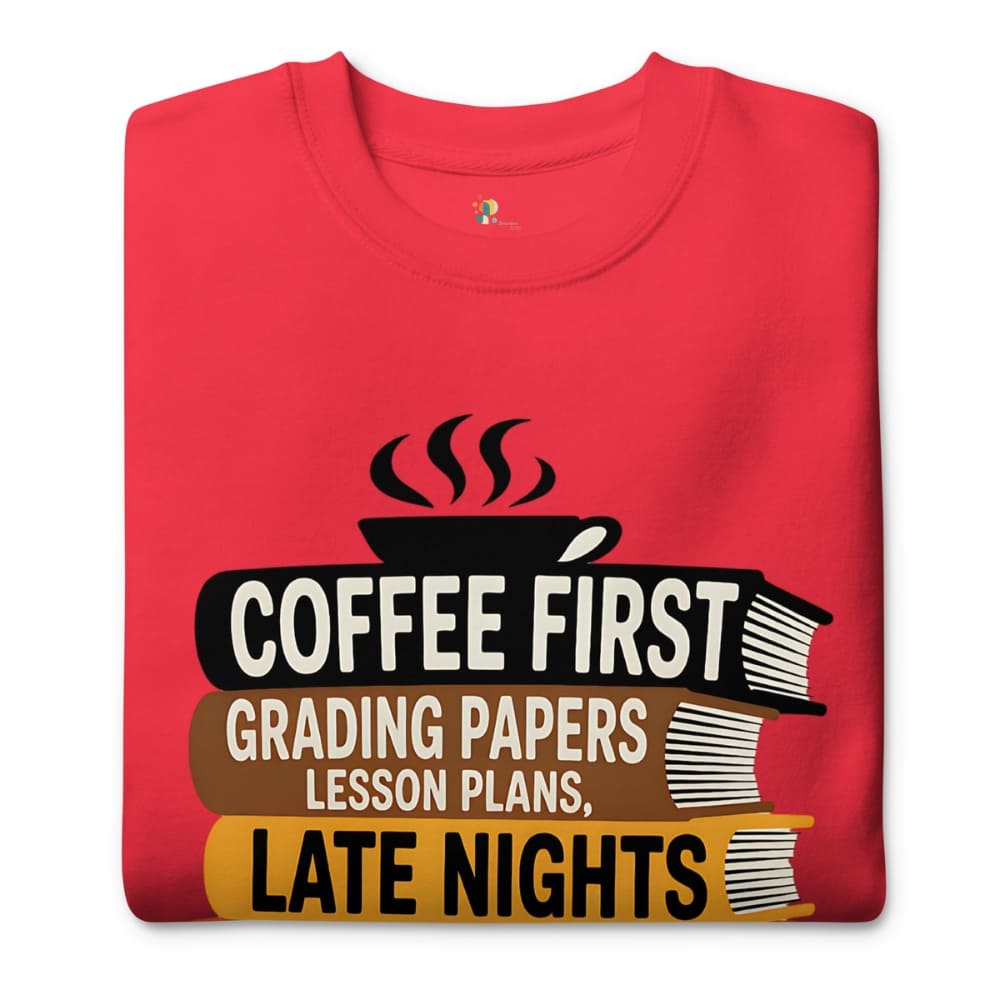 Red t-shirt with a graphic design featuring coffee and books on a white background