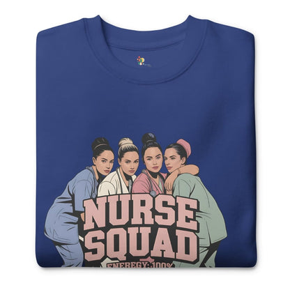 Blue sweatshirt with 'Nurse Squad' graphic on a white background