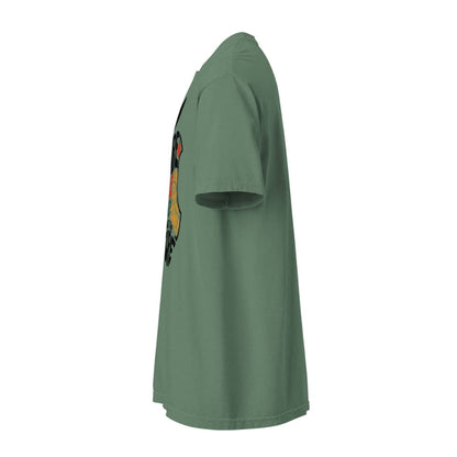 Green t-shirt with a colorful graphic on the sleeve against a white background