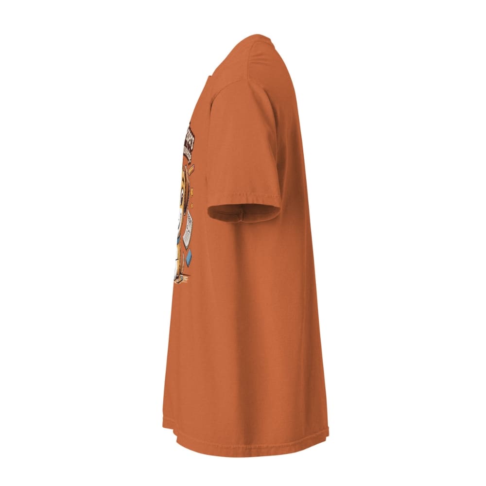 Orange t-shirt with a graphic design on the sleeve against a white background