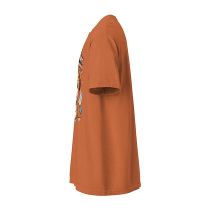 Orange t-shirt with a graphic design on the sleeve against a white background